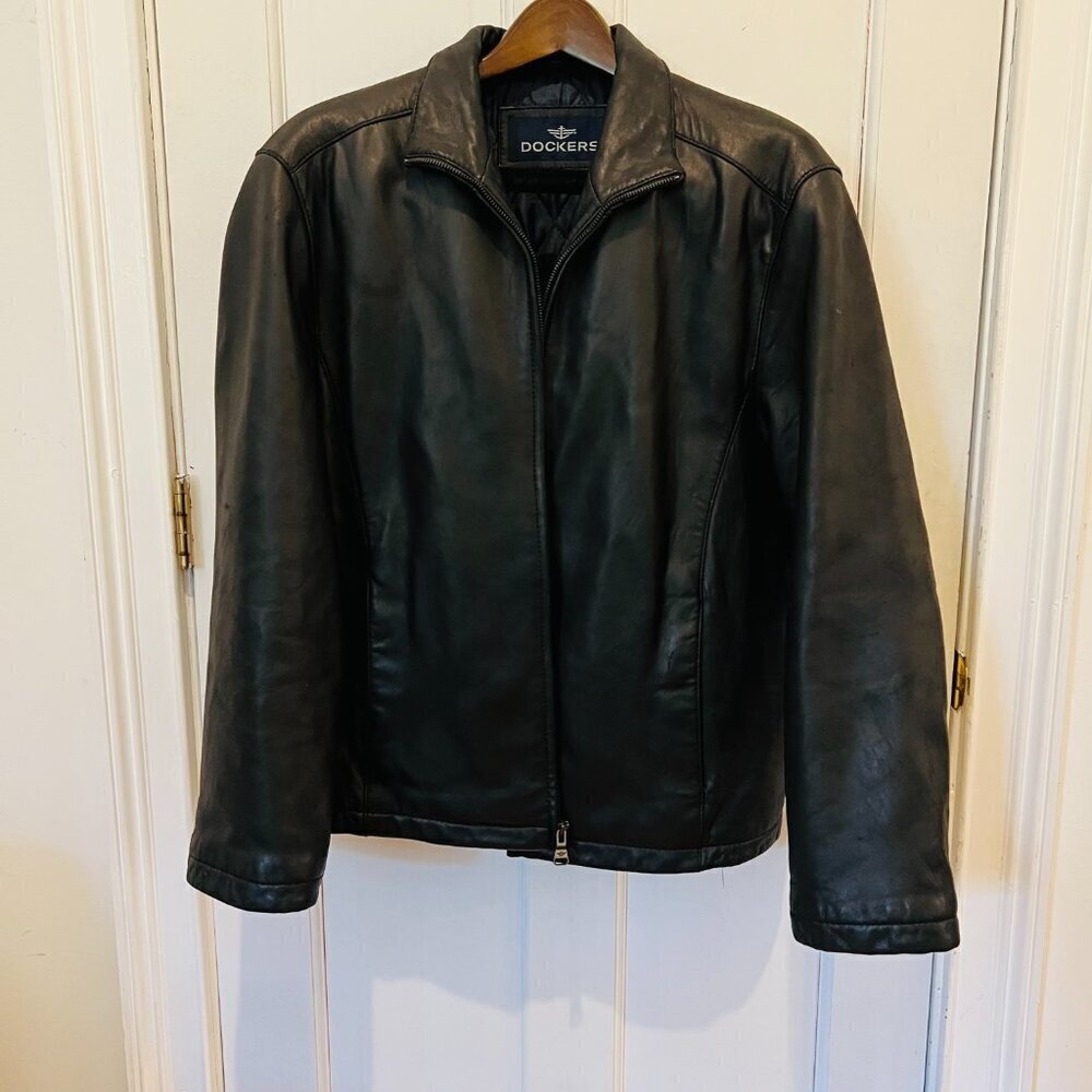Vintage Dockers Men's L Quilted Soft Leather Iconic Bomber Jacket Coat Black - Picture 12 of 16